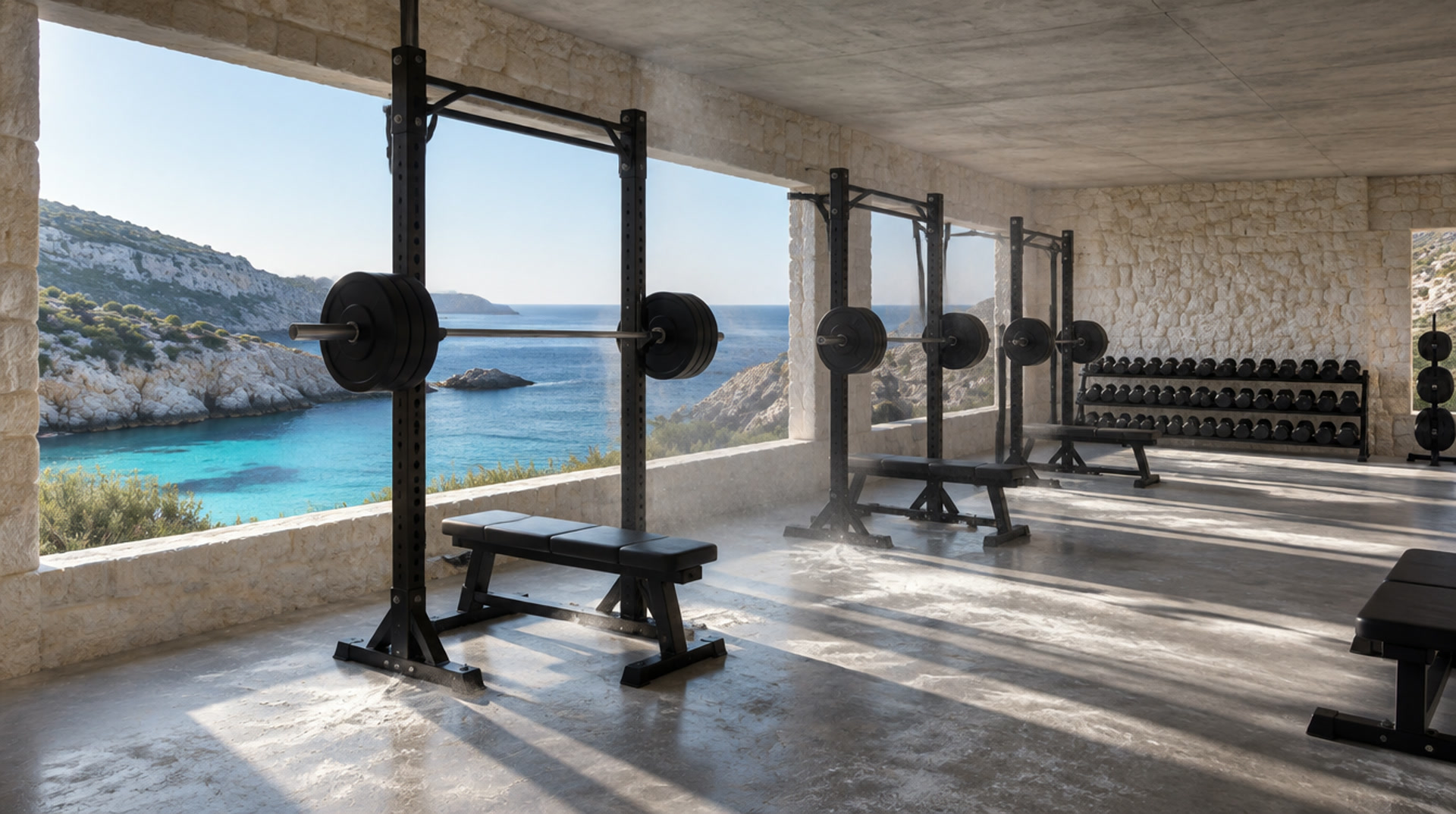 The training floor at Cala, racks and barbells in sea light.